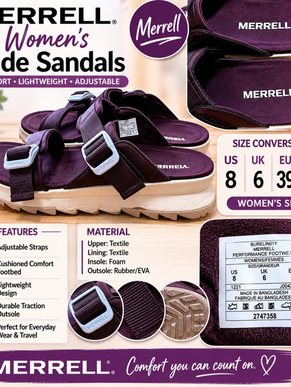 Merrell Dual-Strap Slide Sandals in Plum with Light Blue Buckles